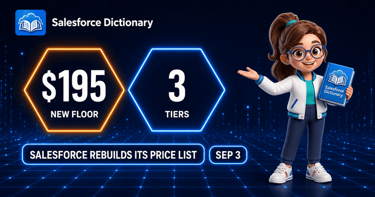 3D illustration of the Salesforce Dictionary mascot gesturing toward two glowing holographic hexagons, an amber one reading 195 dollars new floor and a blue one reading 3 tiers, above a wide neon panel reading Salesforce rebuilds its price list, beside a pill dated September 3.