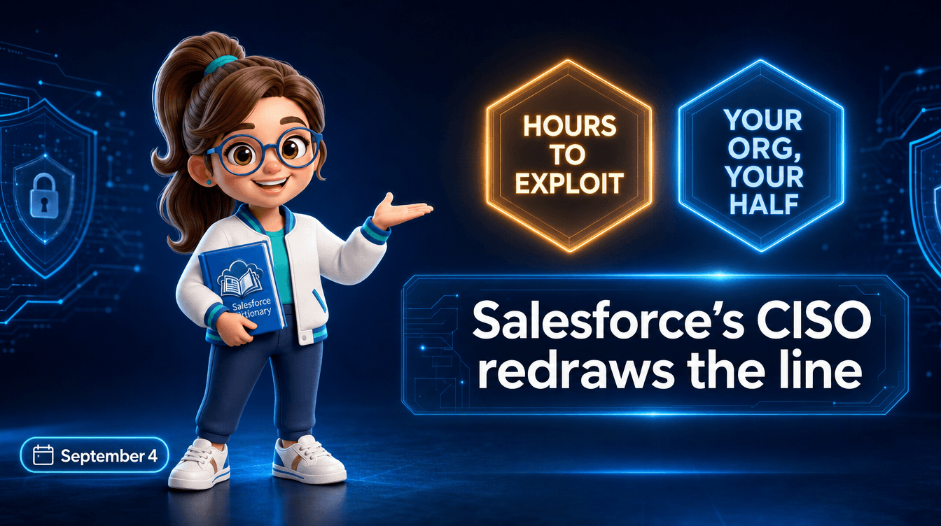 3D illustration of the Salesforce Dictionary mascot gesturing toward two glowing holographic hexagons, an amber one reading HOURS TO EXPLOIT and a blue one reading YOUR ORG YOUR HALF, above a wide neon panel reading Salesforce's CISO redraws the line, beside a pill dated September 4.