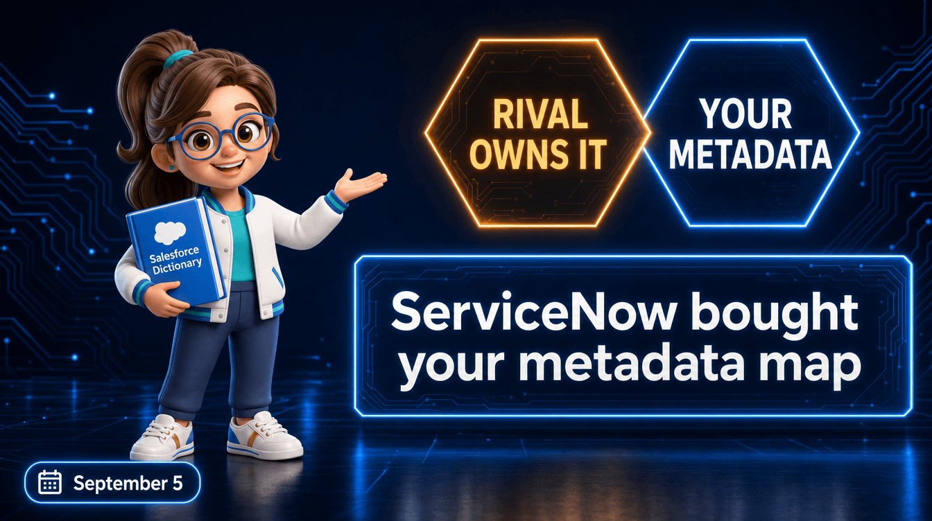3D illustration of the Salesforce Dictionary mascot gesturing toward two glowing holographic hexagons, an amber one reading RIVAL OWNS IT and a blue one reading YOUR METADATA, above a wide neon panel reading ServiceNow bought your metadata map, beside a pill dated September 5.