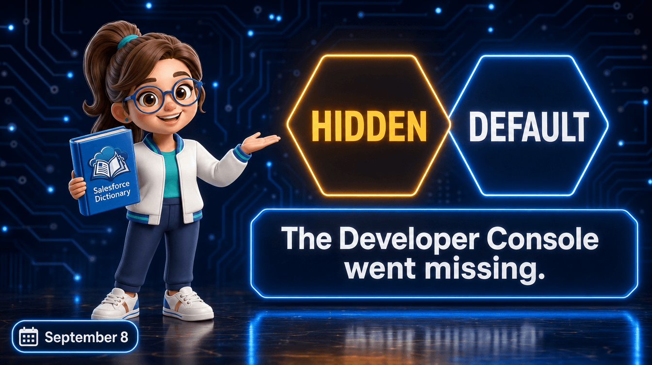 3D illustration of the Salesforce Dictionary mascot gesturing toward two glowing holographic hexagons, an amber one reading HIDDEN and a blue one reading DEFAULT, above a wide neon panel reading The Developer Console went missing, beside a pill dated September 8.