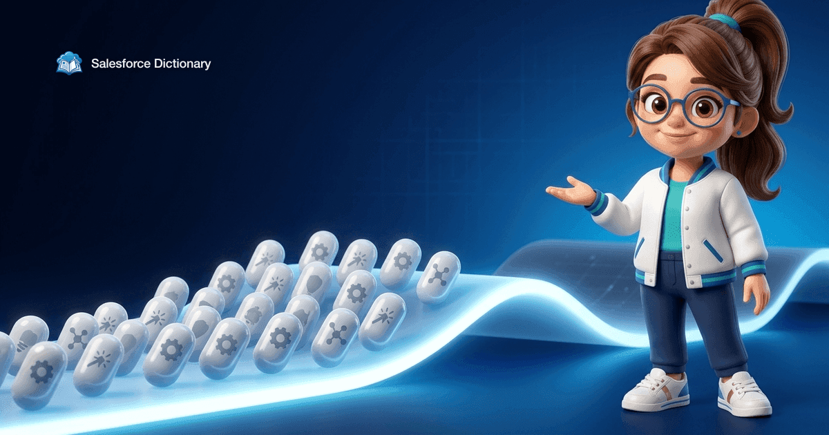 Illustration of the Salesforce Dictionary mascot presenting a long cluster of blank feature capsules riding forward on a glowing release wave, a second wave following behind
