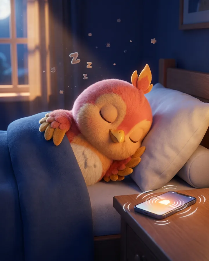 The WakeSharp mascot, a plush bird, fast asleep in bed while its phone alarm rings unheard