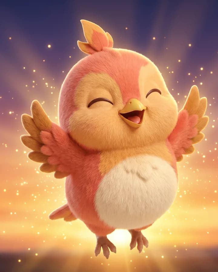 The WakeSharp mascot wide awake and celebrating, wings spread against a sunrise