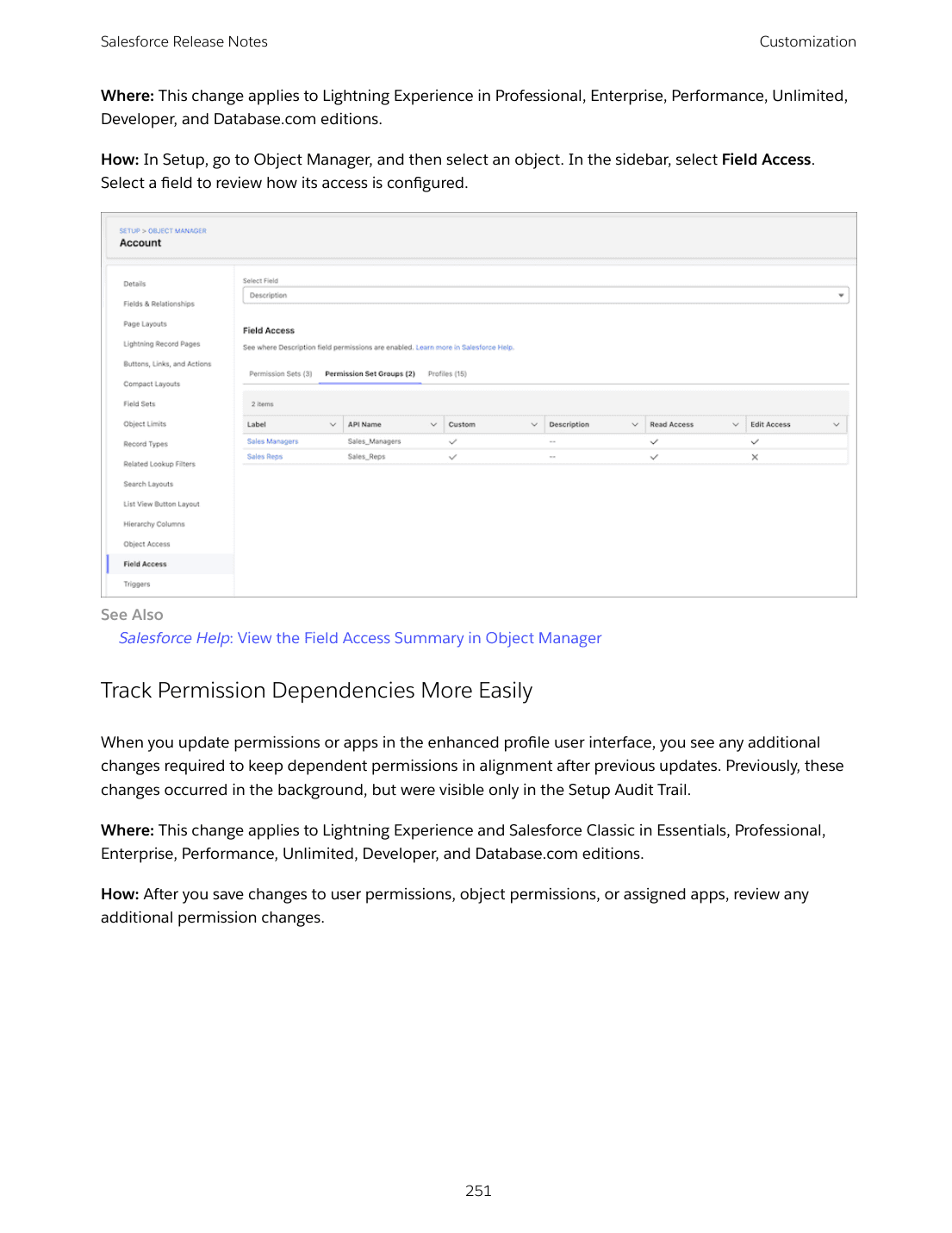 Field Access Summary in Object Manager consolidates field-level security across profiles, permission sets, and permission set groups