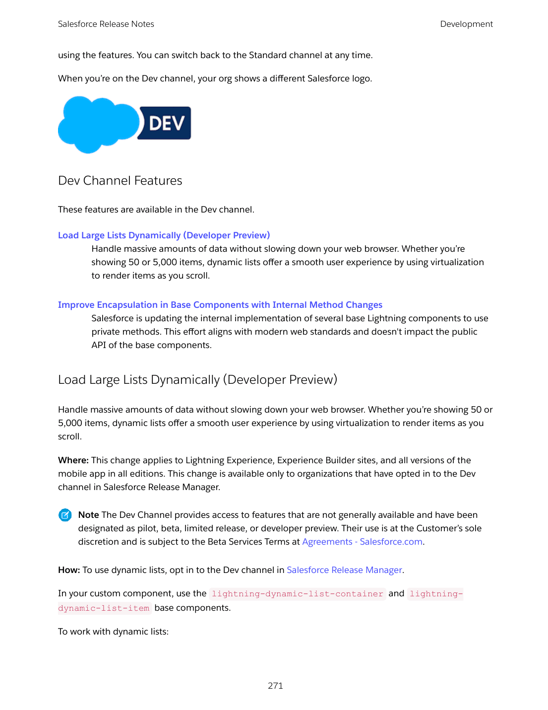 The DEV-branded Salesforce cloud logo appears in orgs on the Dev channel