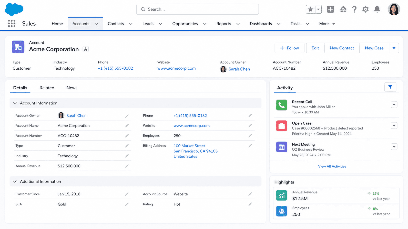 Account record for Acme Corporation showing industry, revenue and owner alongside an activity timeline of calls and cases.