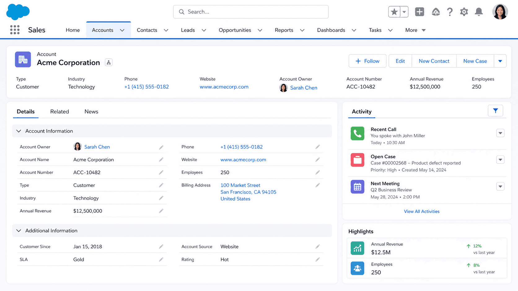 Account record for Acme Corporation showing industry, revenue and owner alongside an activity timeline of calls and cases.