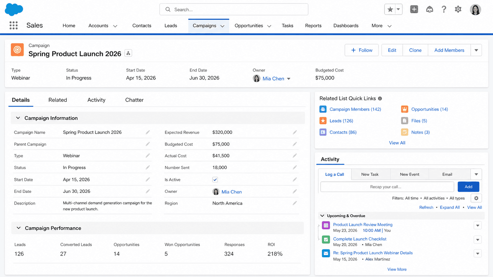 Campaign record for Spring Product Launch 2026 with status, budget, owner, and performance metrics on leads and responses.