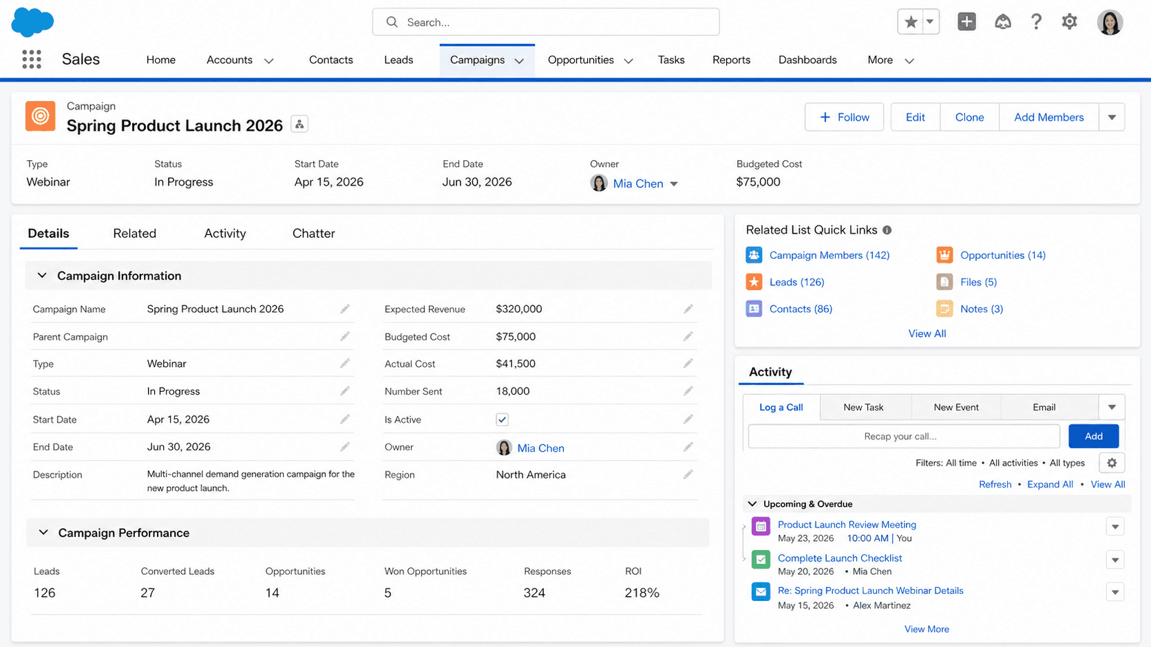 Campaign record for Spring Product Launch 2026 with status, budget, owner, and performance metrics on leads and responses.