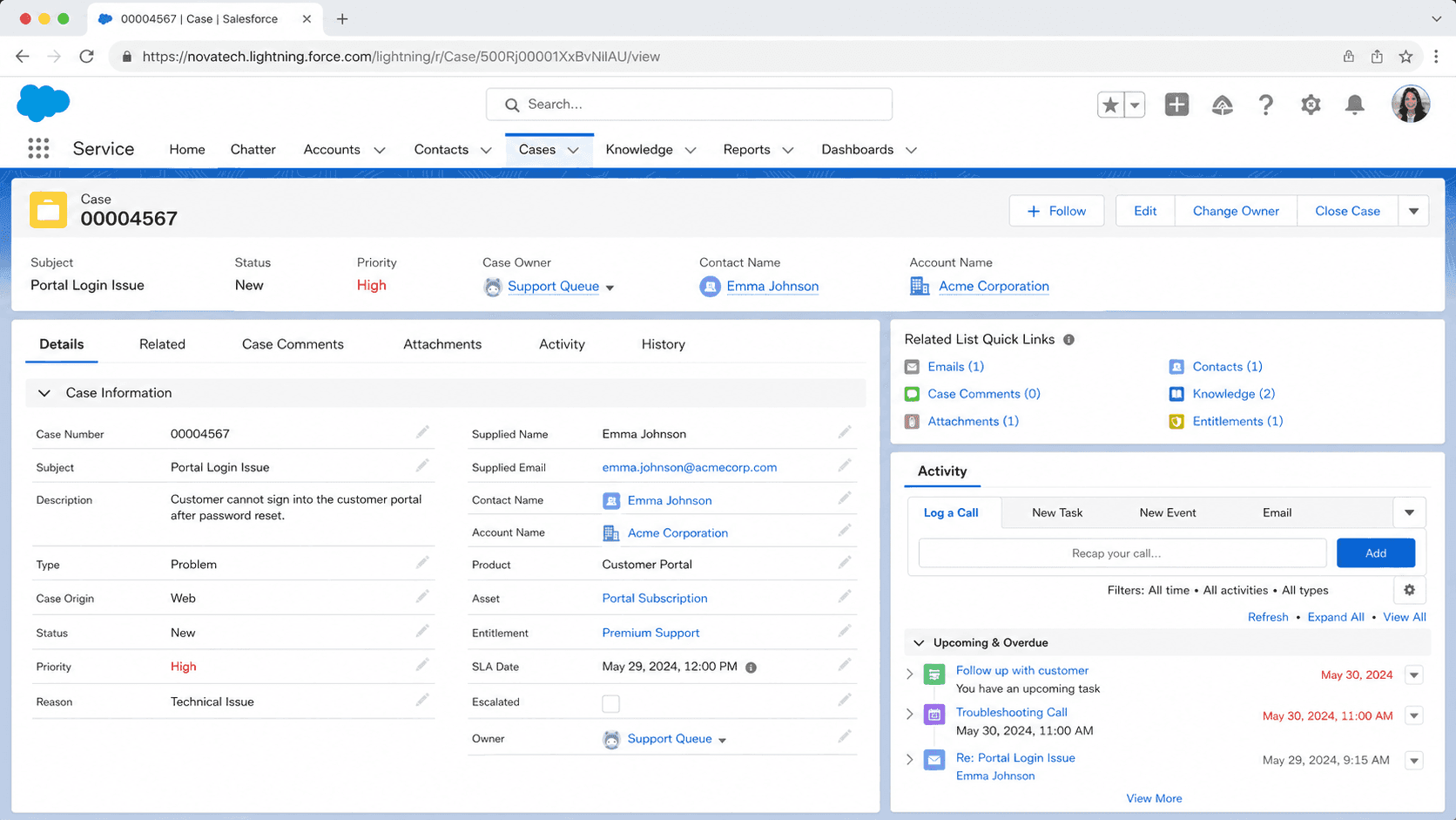 Case 00004567 for a Portal Login Issue with status, priority, contact, account, and a related emails and activity timeline.