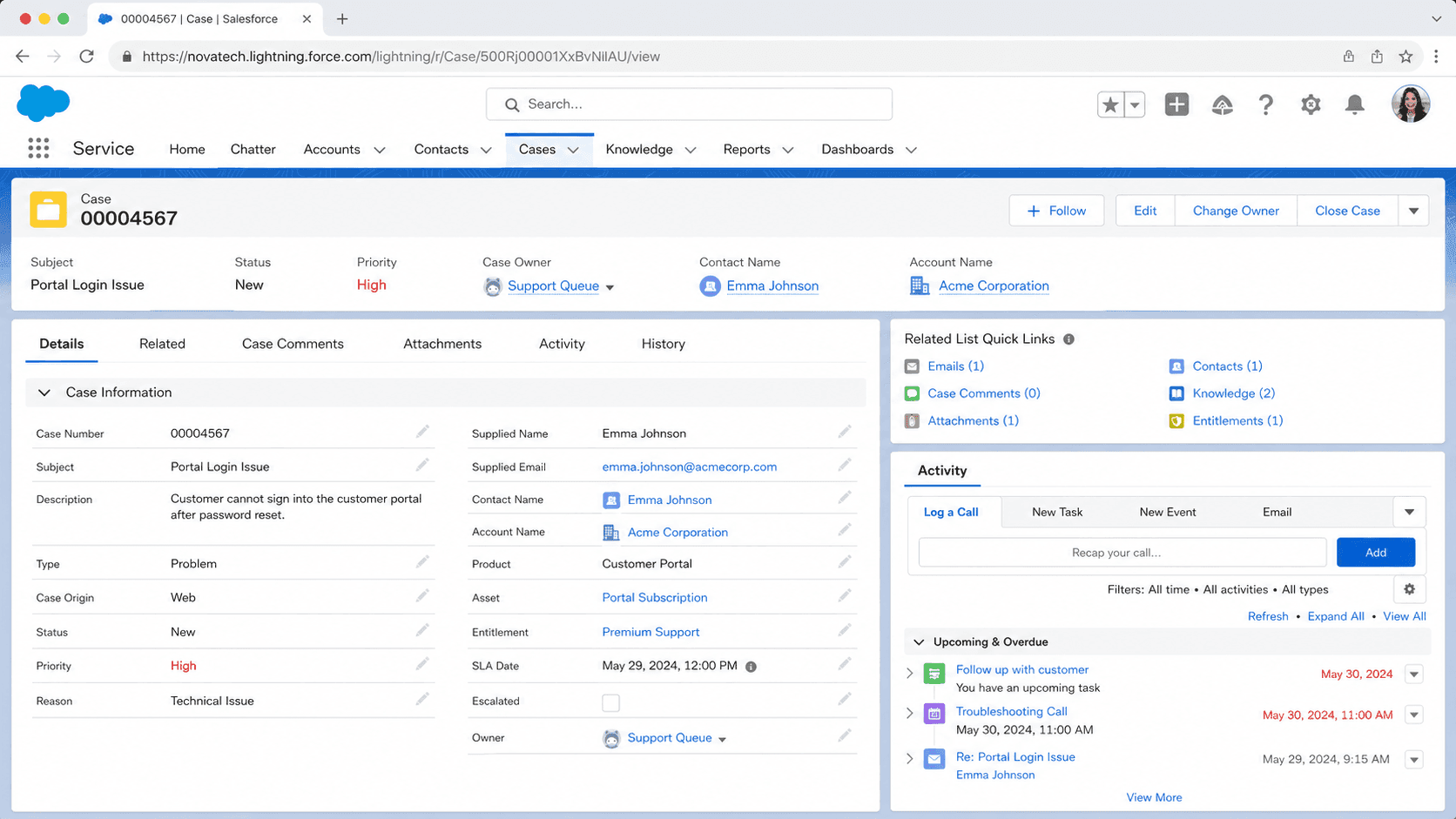 Case 00004567 for a Portal Login Issue with status, priority, contact, account, and a related emails and activity timeline.