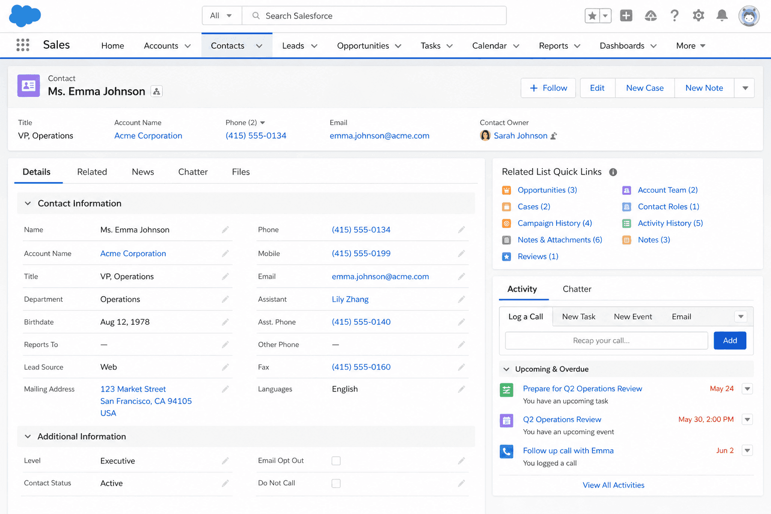 Contact record for Emma Johnson, VP of Operations at Acme Corporation, with phone, email, address, and an activity timeline.