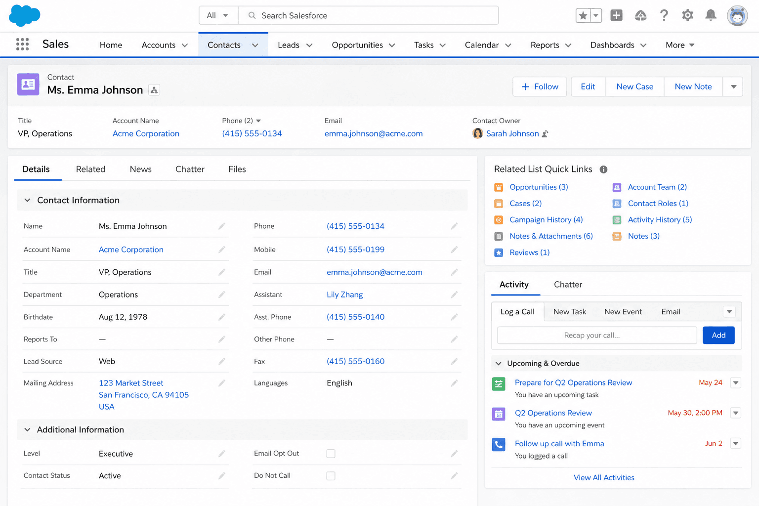 Contact record for Emma Johnson, VP of Operations at Acme Corporation, with phone, email, address, and an activity timeline.