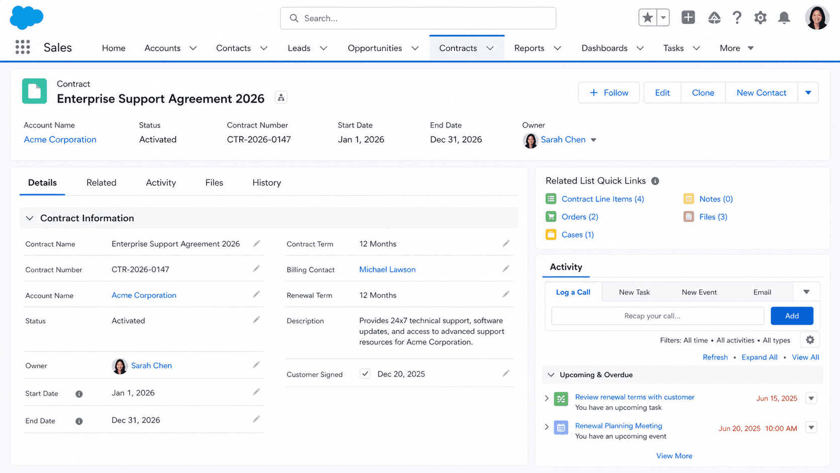 Contract record for an Enterprise Support Agreement with account, status, contract number, term dates, and signer details.
