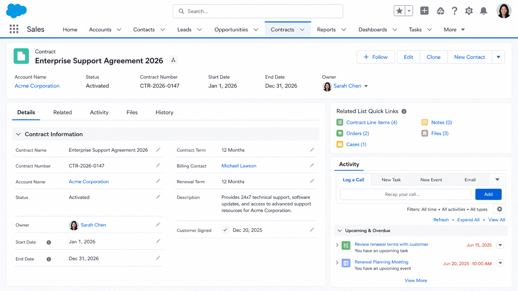 Contract record for an Enterprise Support Agreement with account, status, contract number, term dates, and signer details.