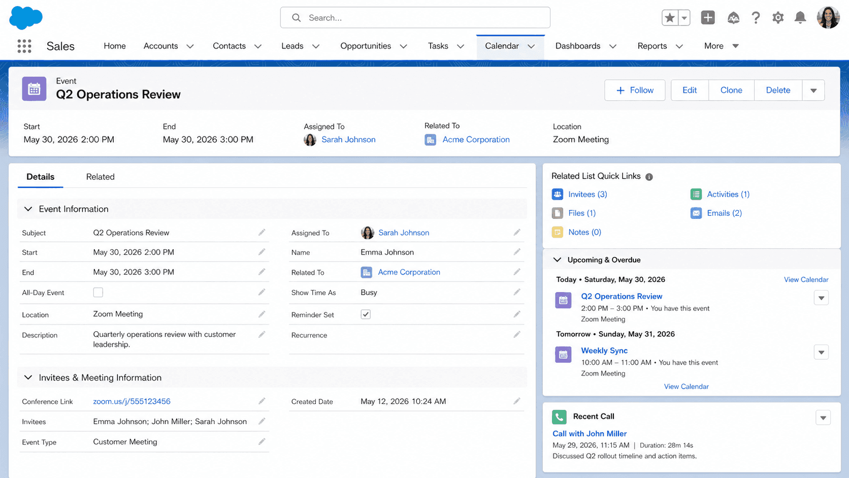 Event record for a Q2 Operations Review meeting with start and end times, Zoom location, assignee, and an invitees panel.