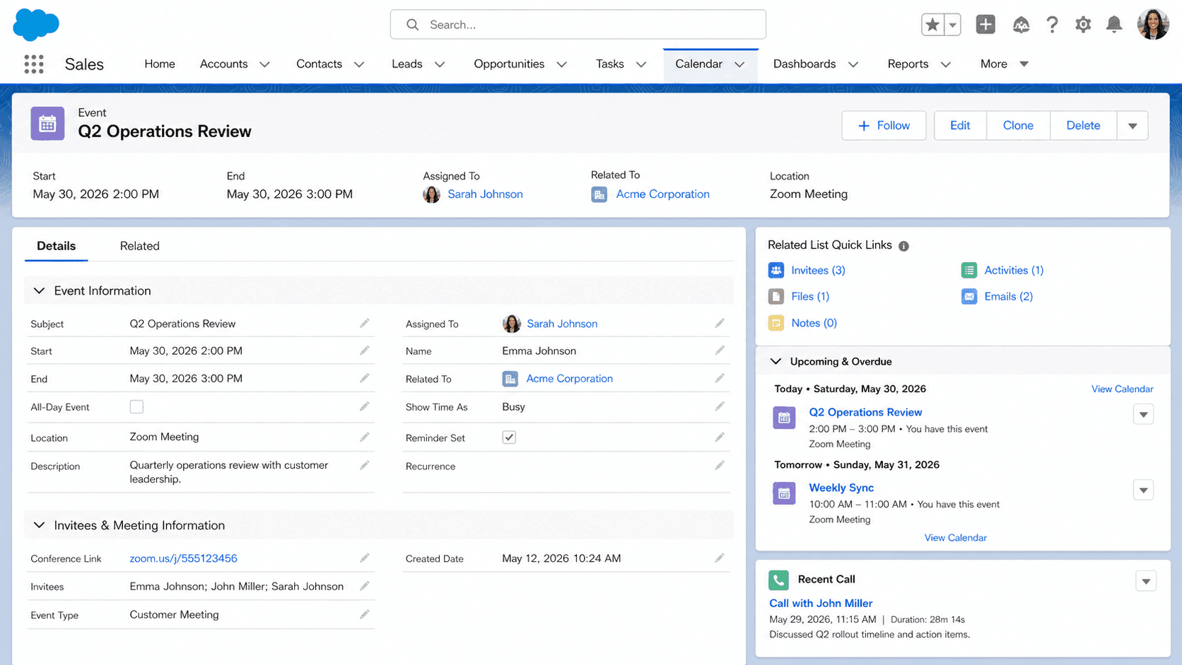 Event record for a Q2 Operations Review meeting with start and end times, Zoom location, assignee, and an invitees panel.