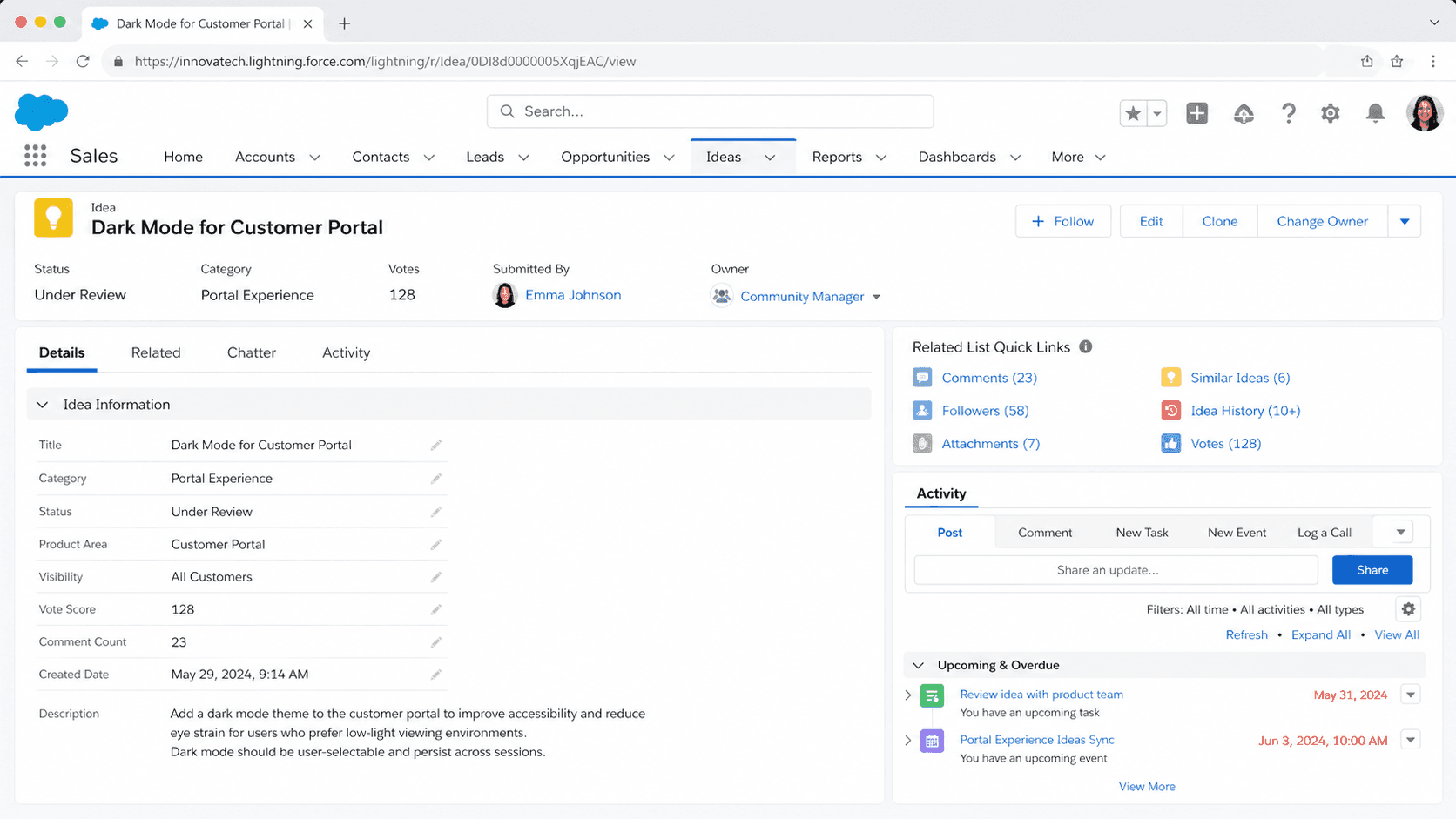 Idea record for a Dark Mode customer portal request with vote count, category, submitter, and a status of Under Review.