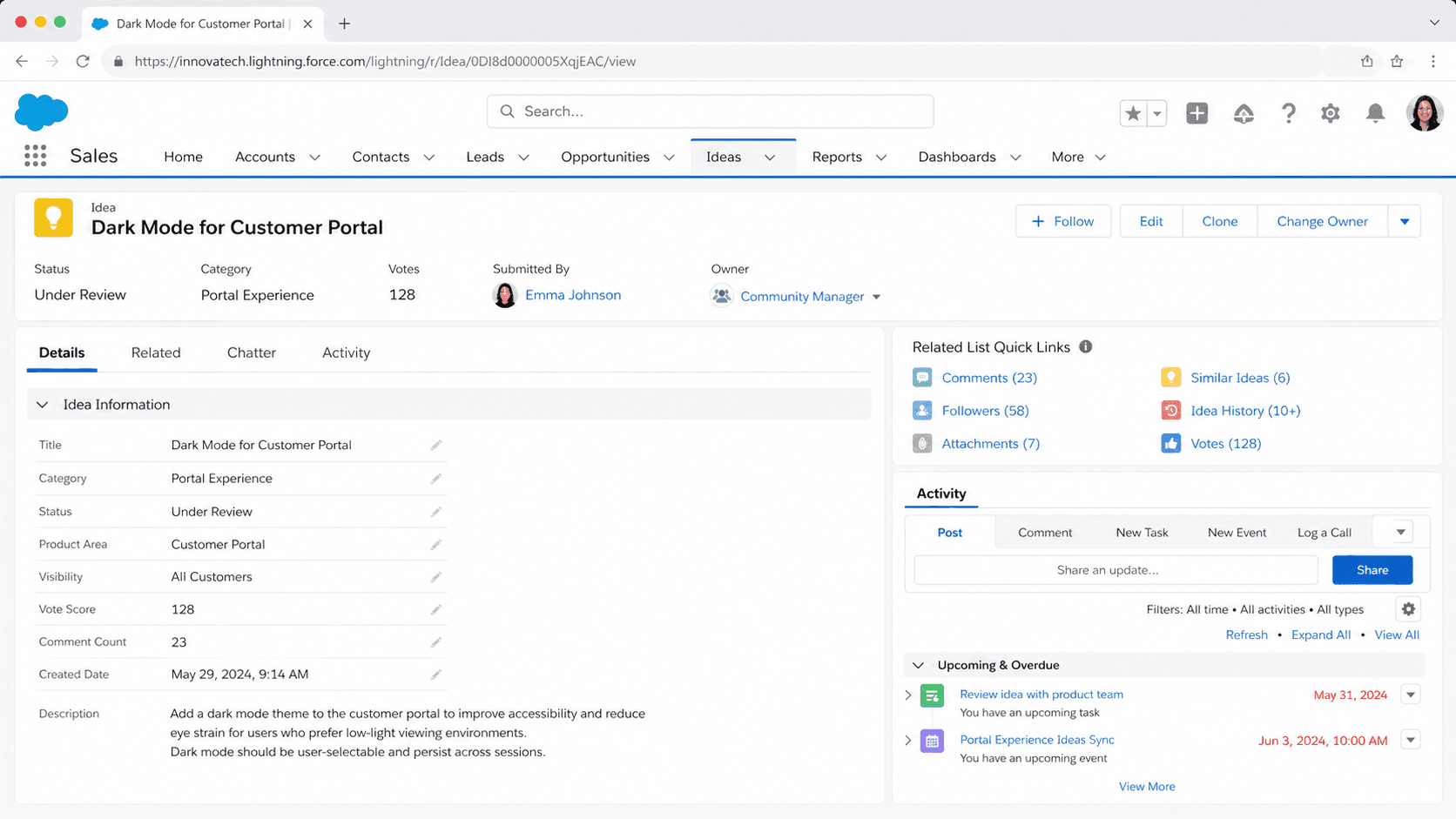 Idea record for a Dark Mode customer portal request with vote count, category, submitter, and a status of Under Review.