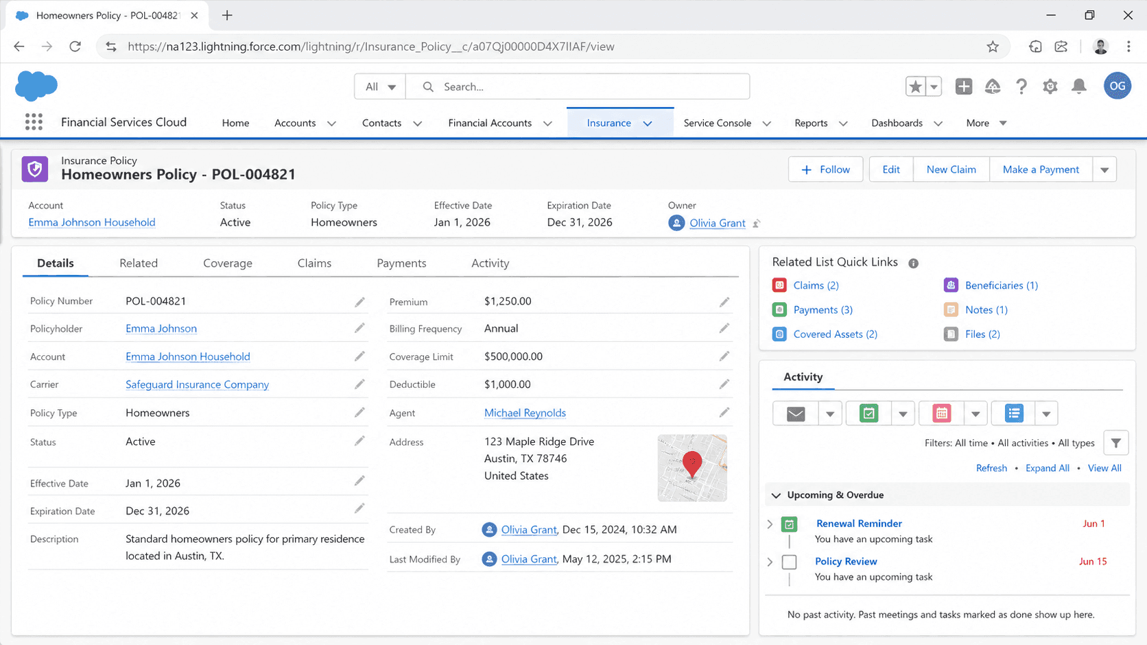 Insurance Policy record for a Homeowners Policy with policy number, account, status, term dates, and a related claims panel.