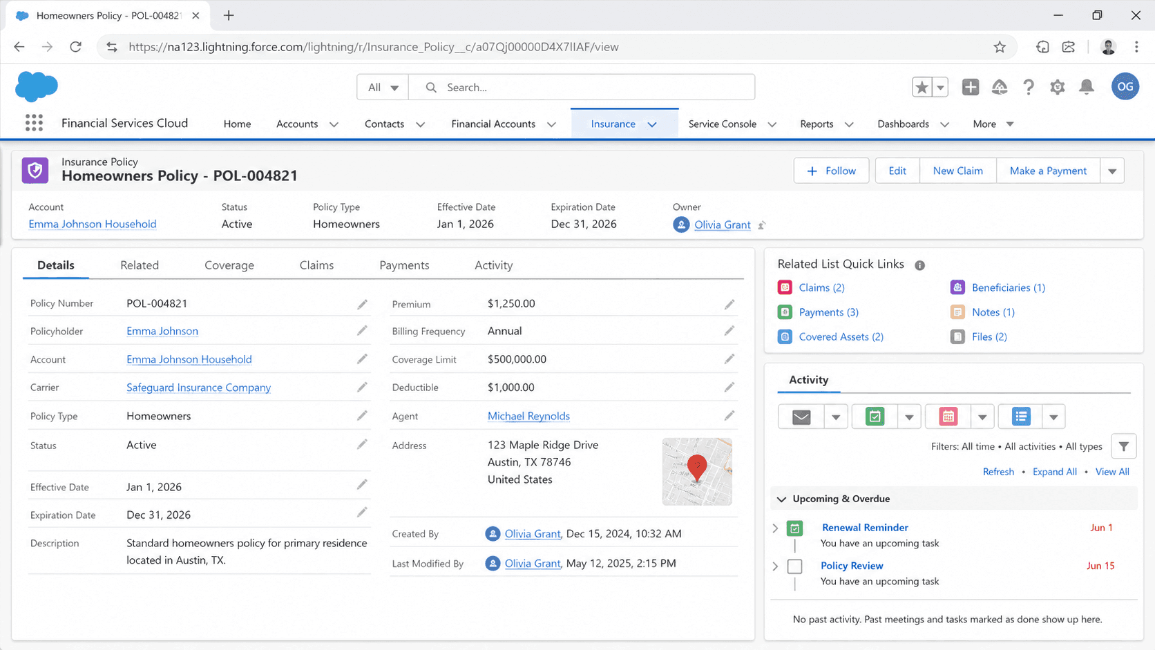 Insurance Policy record for a Homeowners Policy with policy number, account, status, term dates, and a related claims panel.