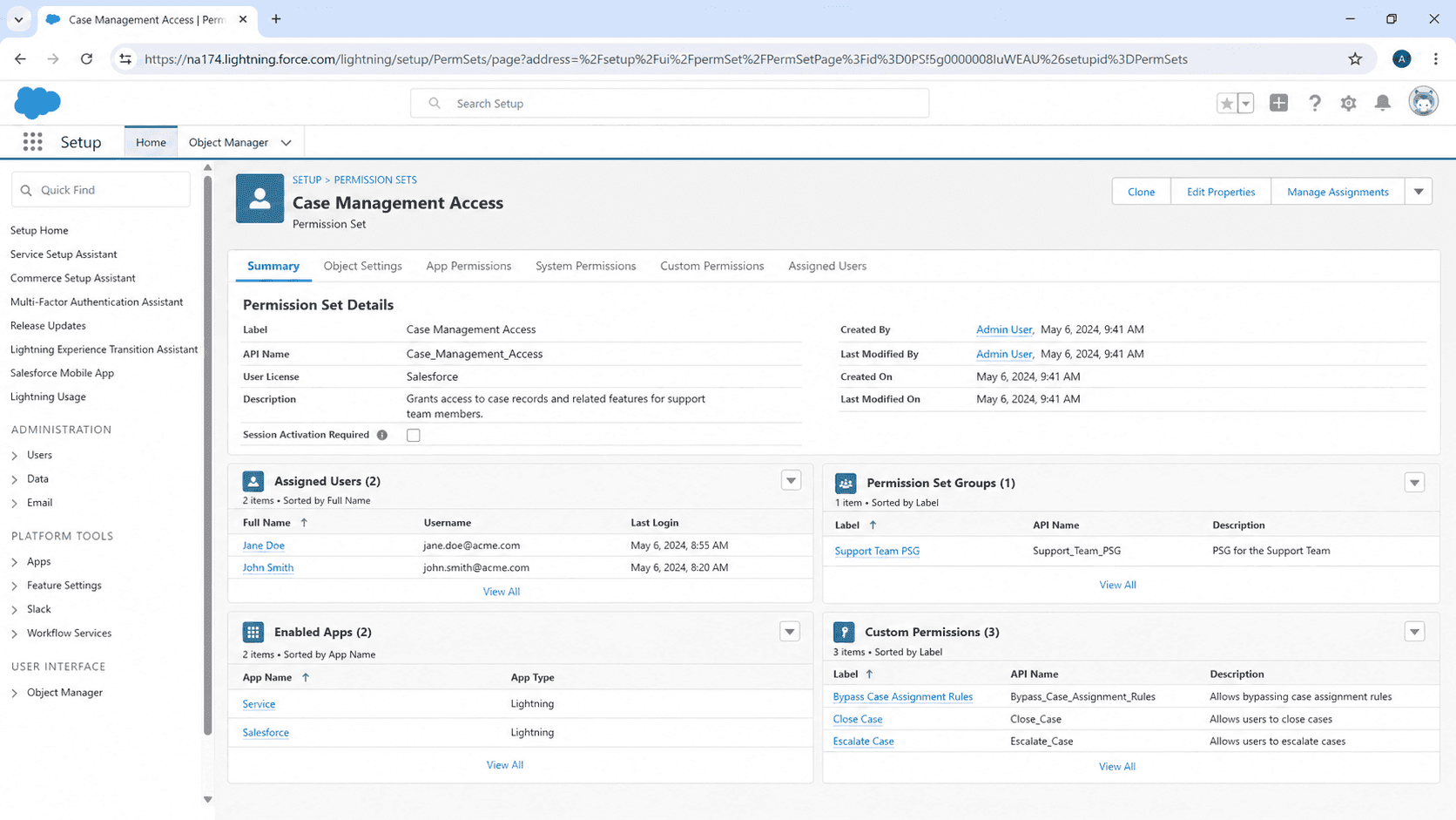 Permission Set page for Case Management Access with details, license, assigned users, parent groups, and custom permissions.