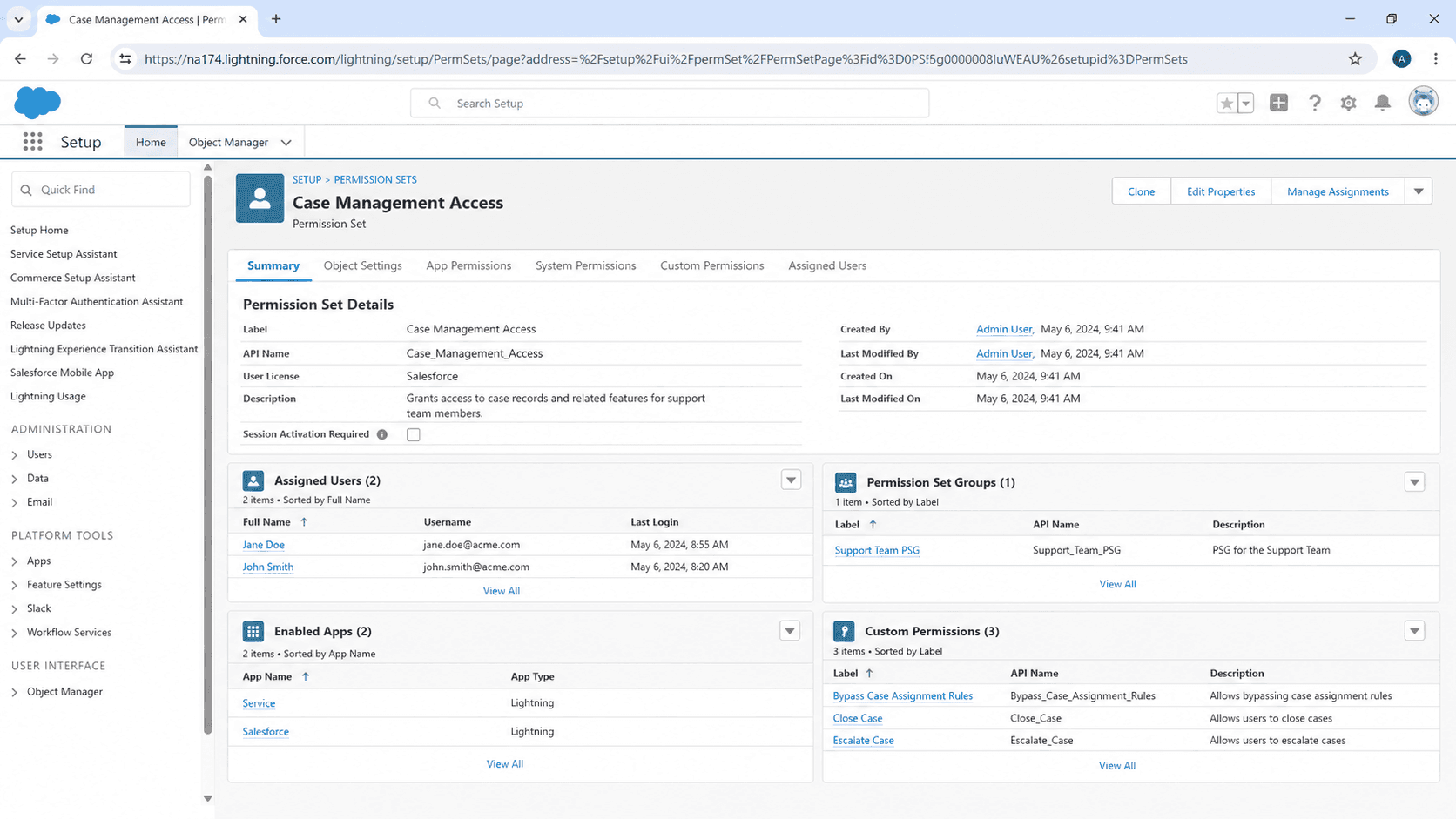 Permission Set page for Case Management Access with details, license, assigned users, parent groups, and custom permissions.