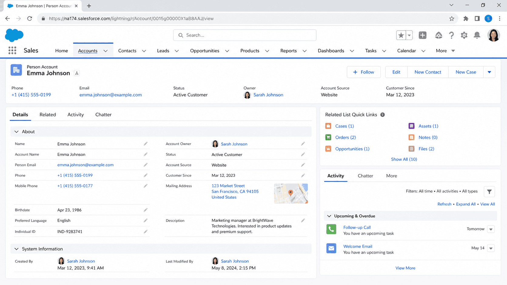 Person Account record for Emma Johnson combining contact and account fields with address, status, and related orders.