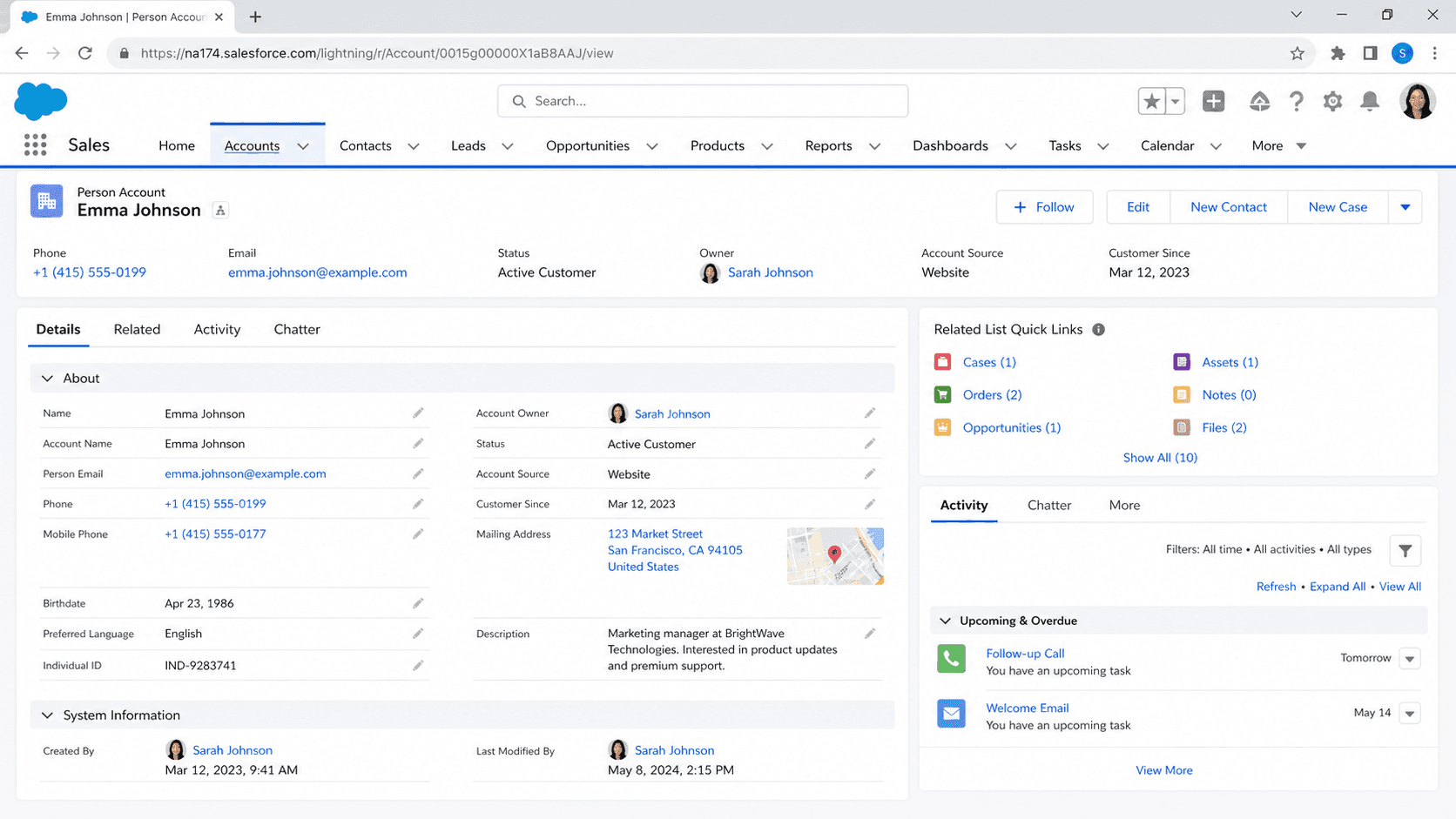 Person Account record for Emma Johnson combining contact and account fields with address, status, and related orders.