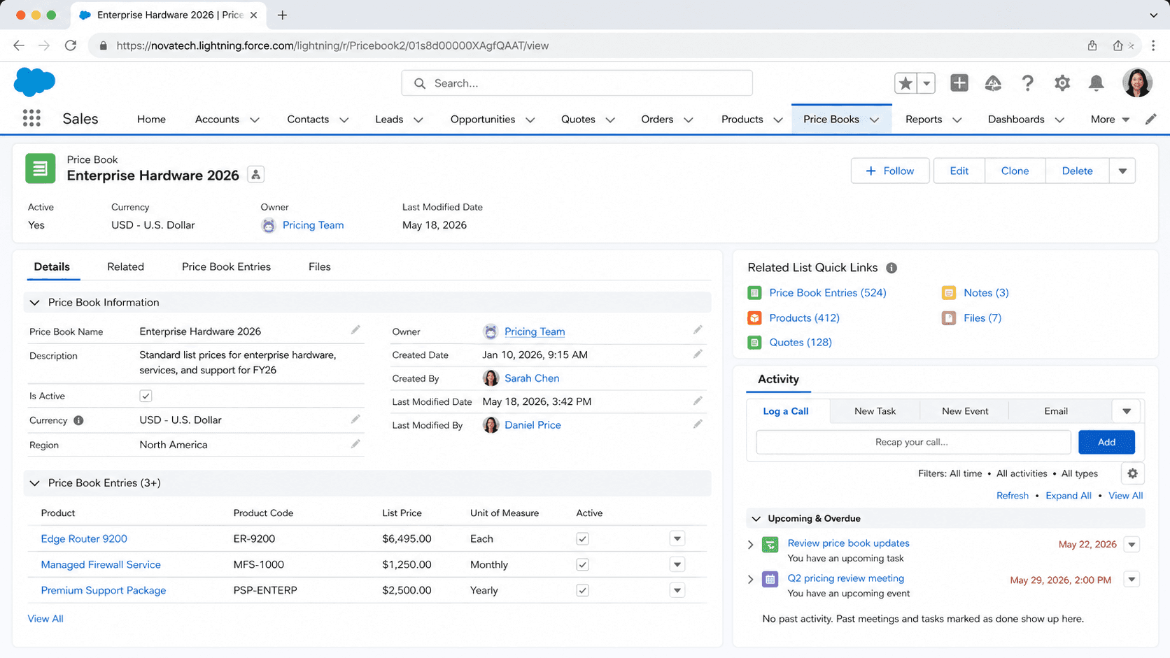 Price Book record for Enterprise Hardware 2026 with currency, region, status, and a list of price book entries for products.