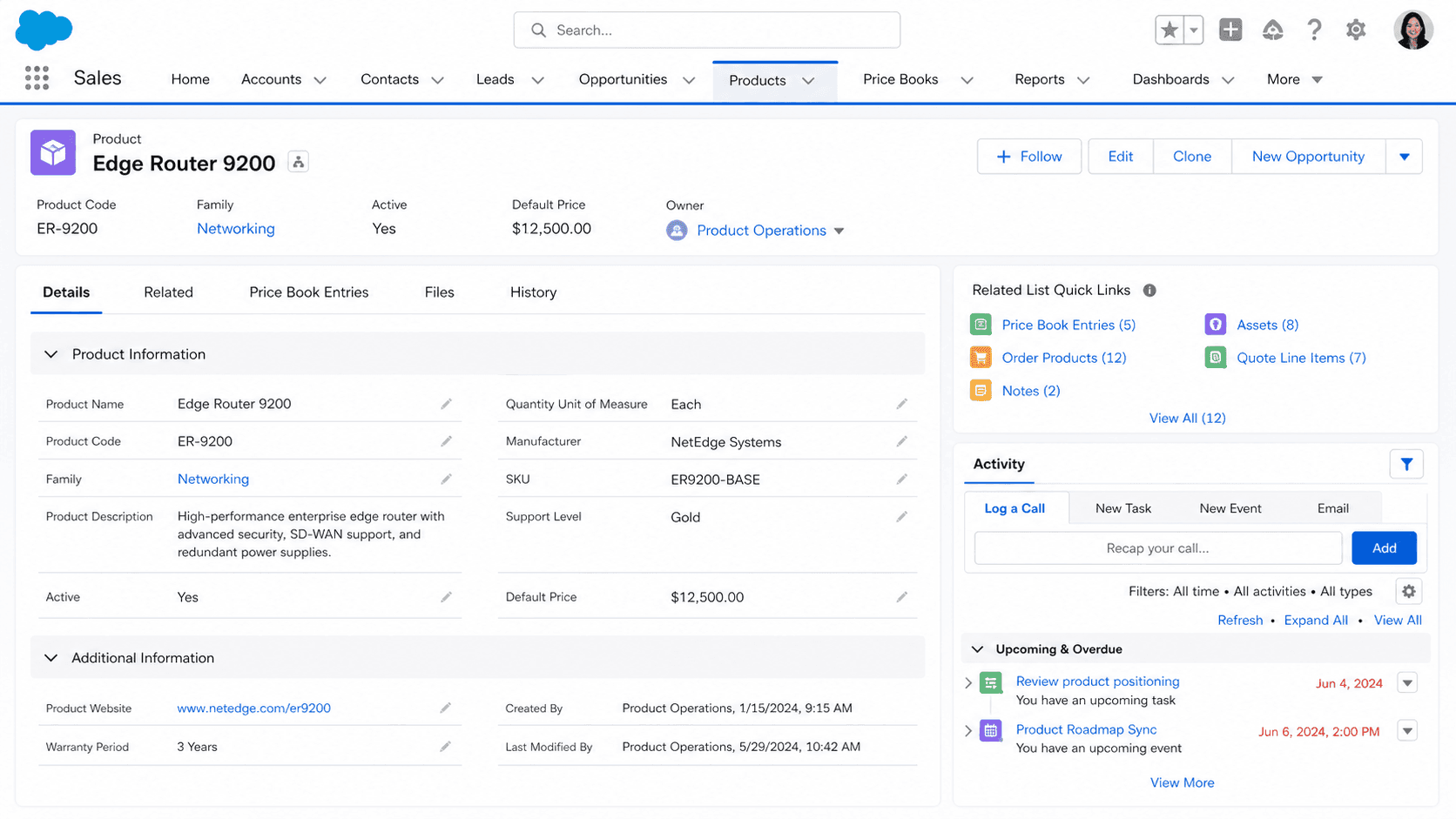 Product record for an Edge Router 9200 with product code, family, default price, and related Price Book Entries and Assets.
