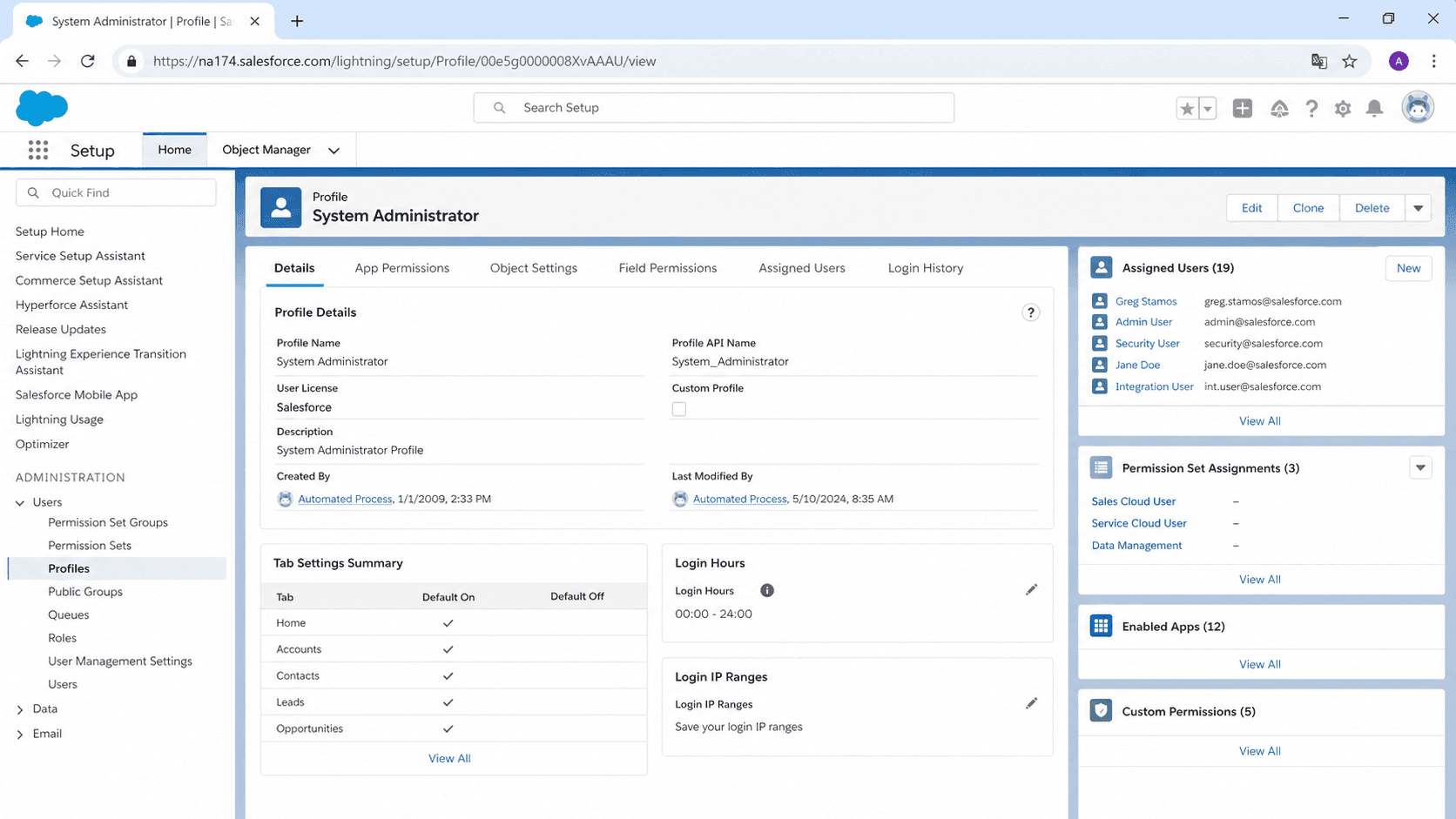 Profile page for System Administrator showing app and object permission tabs, login hours, and assigned users.