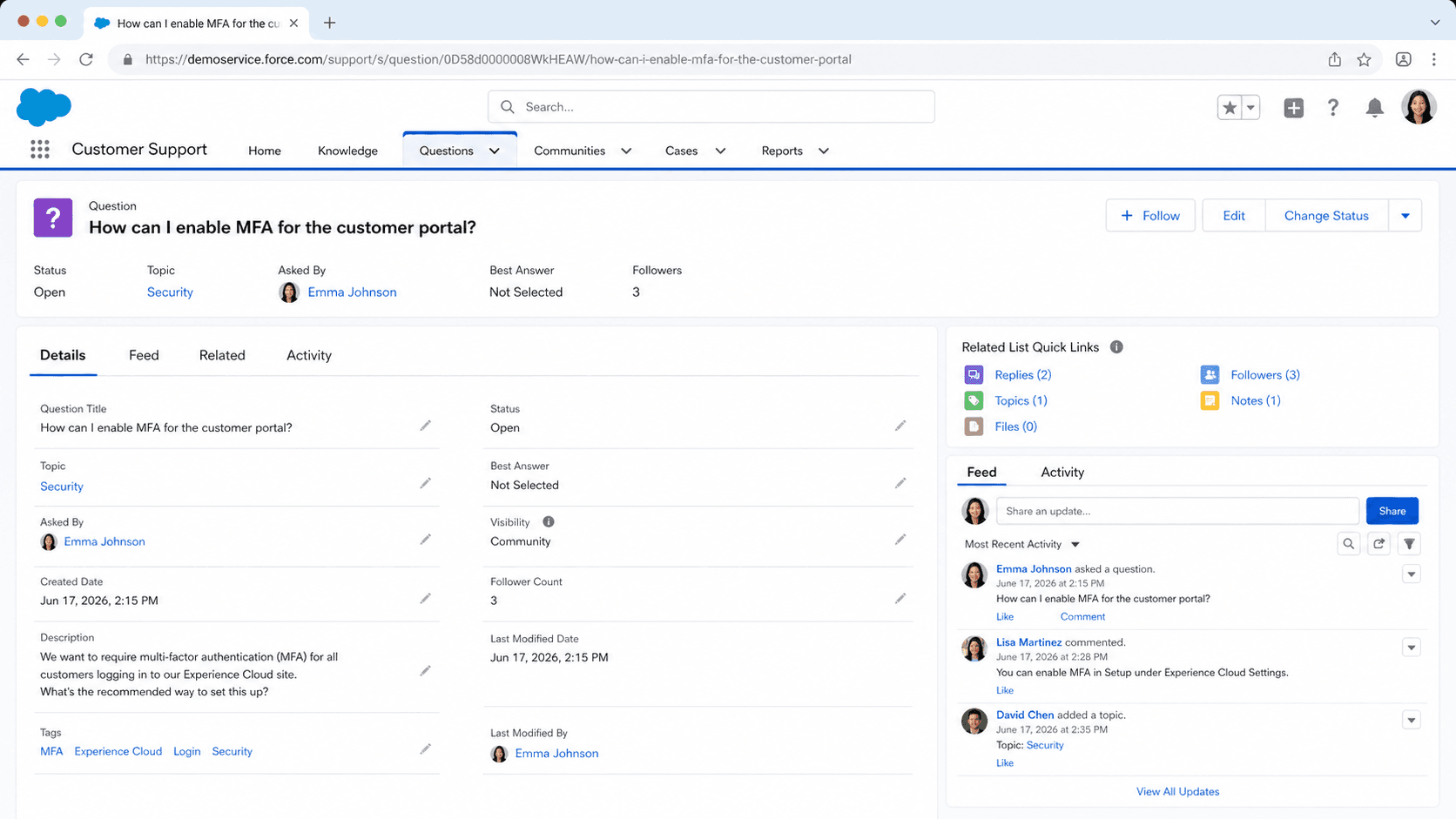 Chatter Answers Question record asking how to enable MFA for the customer portal, with status, topic, followers, and a feed.