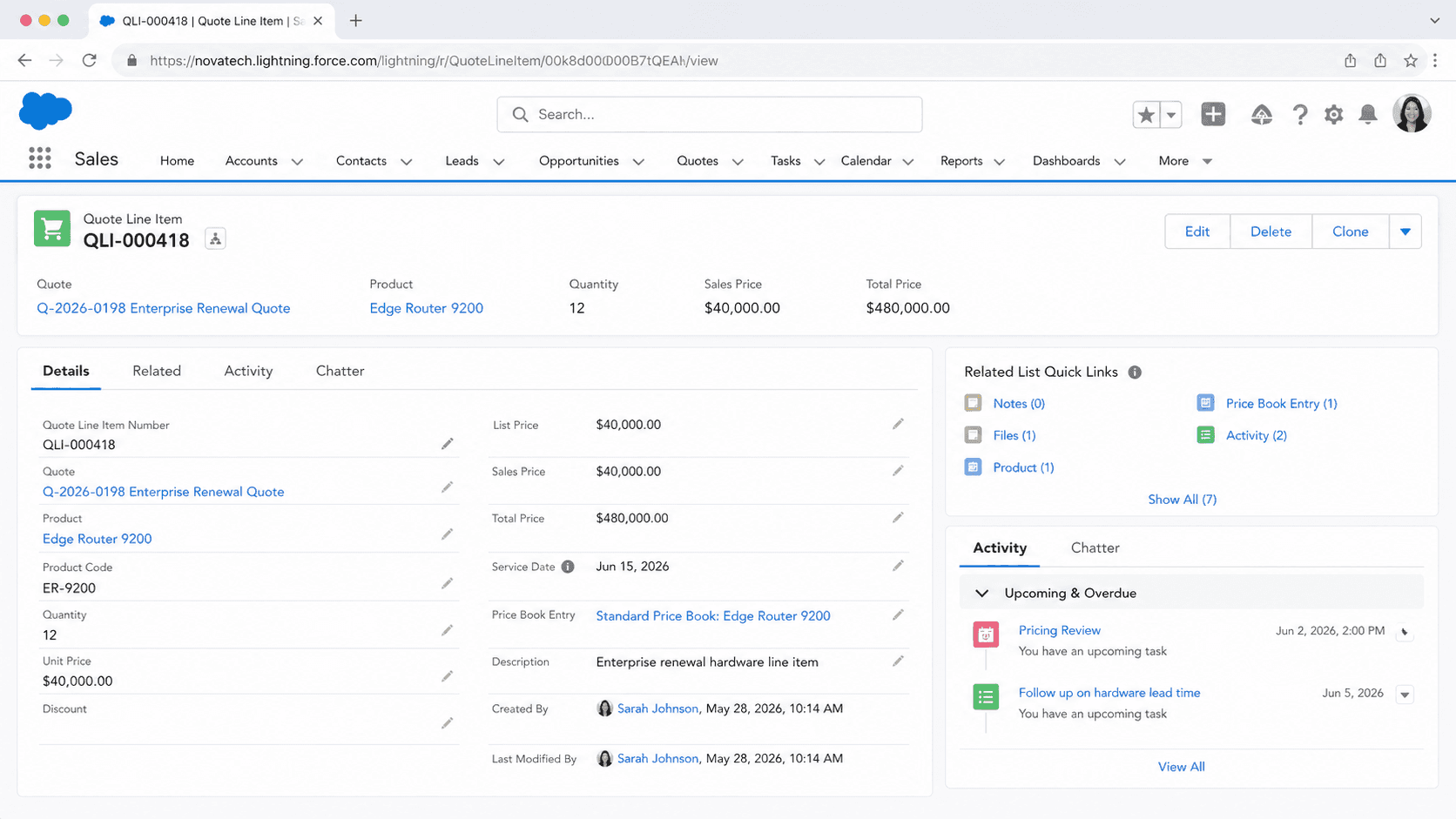 Quote Line Item record for an Edge Router product on a parent quote with quantity, sales price, list price, and total price.