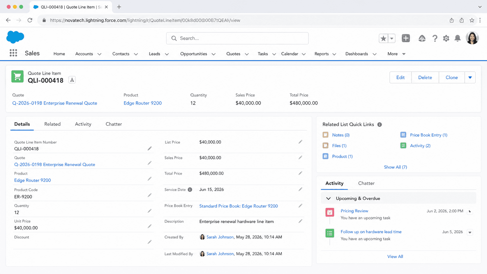 Quote Line Item record for an Edge Router product on a parent quote with quantity, sales price, list price, and total price.