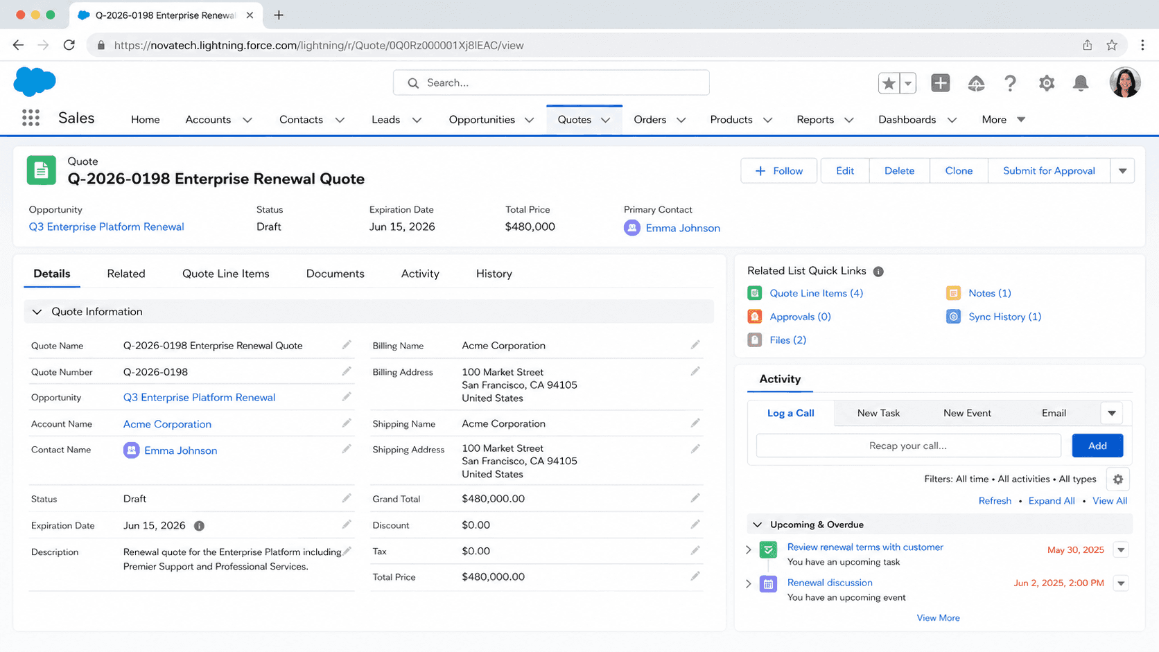 Quote record for an Enterprise Renewal Quote with account, expiration, total price, status, and related quote line items.