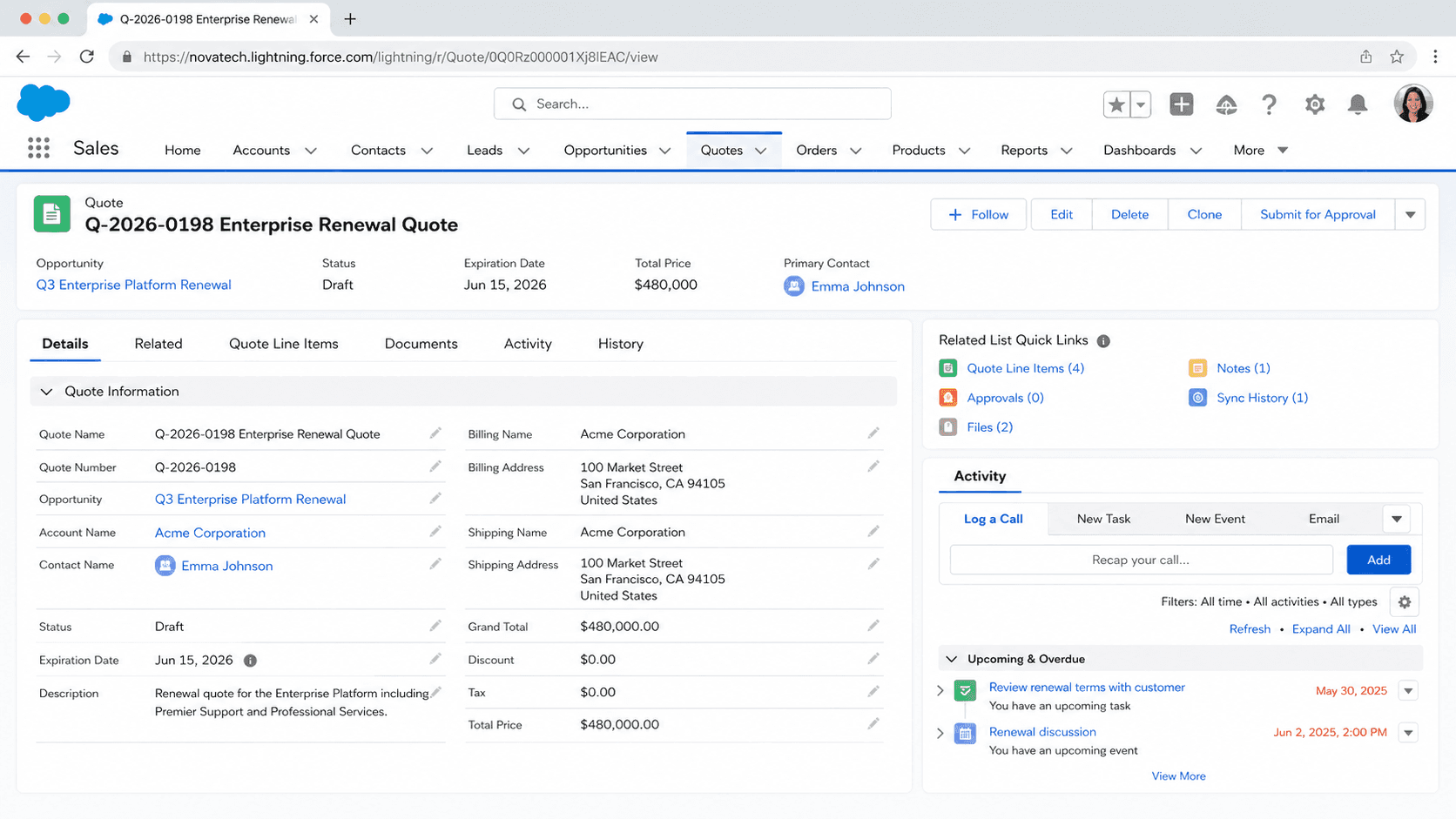 Quote record for an Enterprise Renewal Quote with account, expiration, total price, status, and related quote line items.