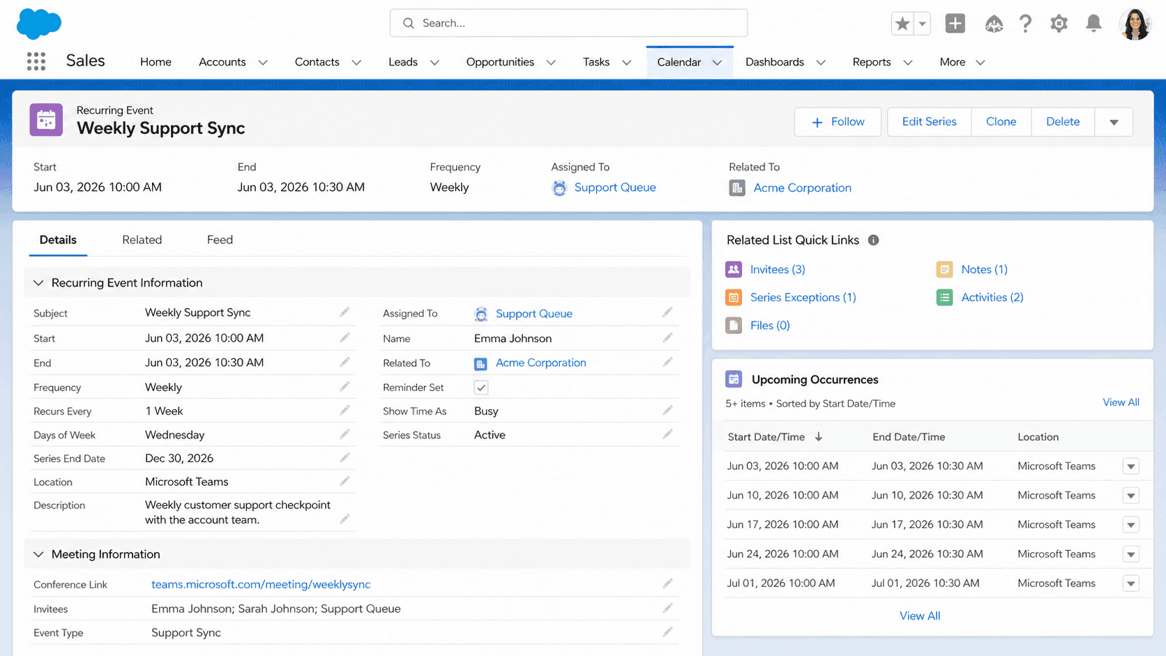 Recurring Event record for a Weekly Support Sync showing frequency, assignee, related account, and upcoming occurrences.