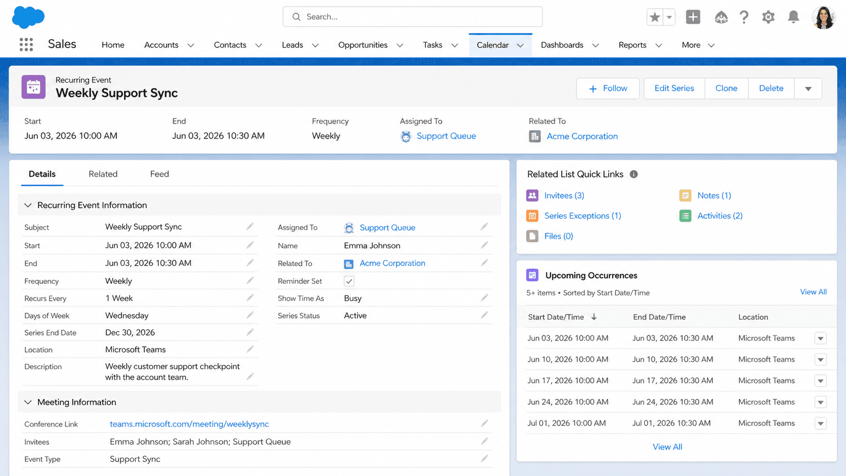 Recurring Event record for a Weekly Support Sync showing frequency, assignee, related account, and upcoming occurrences.