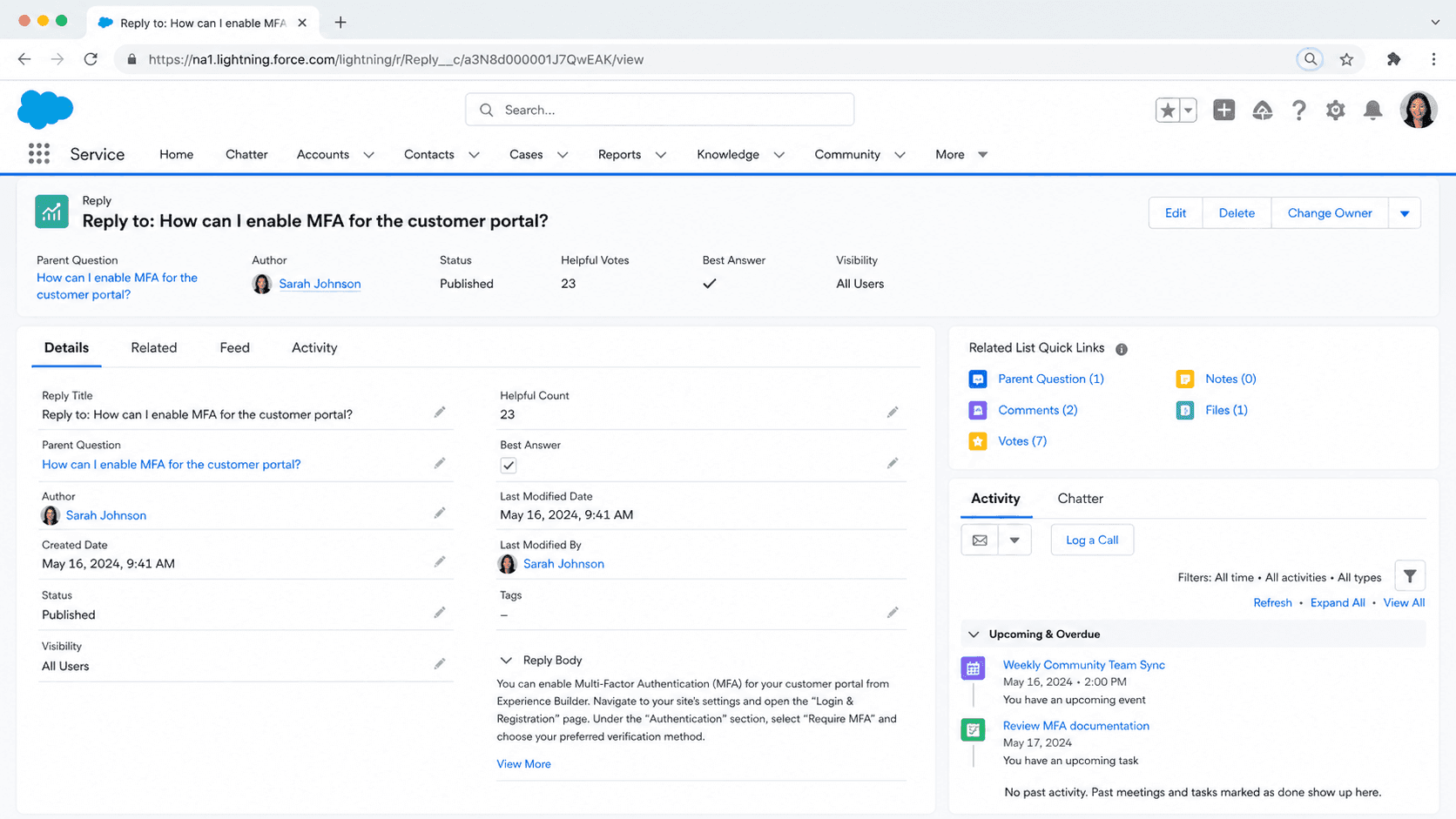 Reply record answering a customer portal question with helpful vote count, status, body text, and the parent question.
