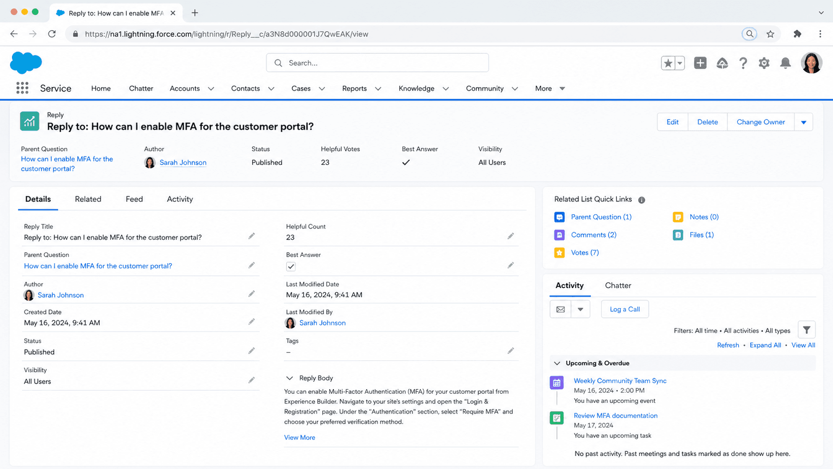Reply record answering a customer portal question with helpful vote count, status, body text, and the parent question.