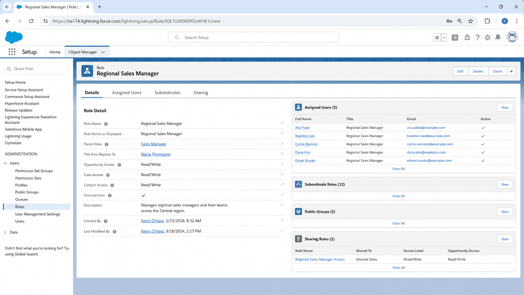 Role page for a Regional Sales Manager showing access settings, hierarchy, assigned users, and subordinate roles.