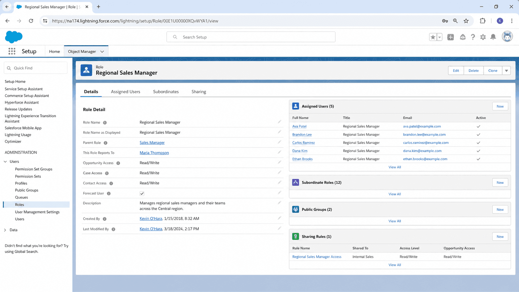 Role page for a Regional Sales Manager showing access settings, hierarchy, assigned users, and subordinate roles.