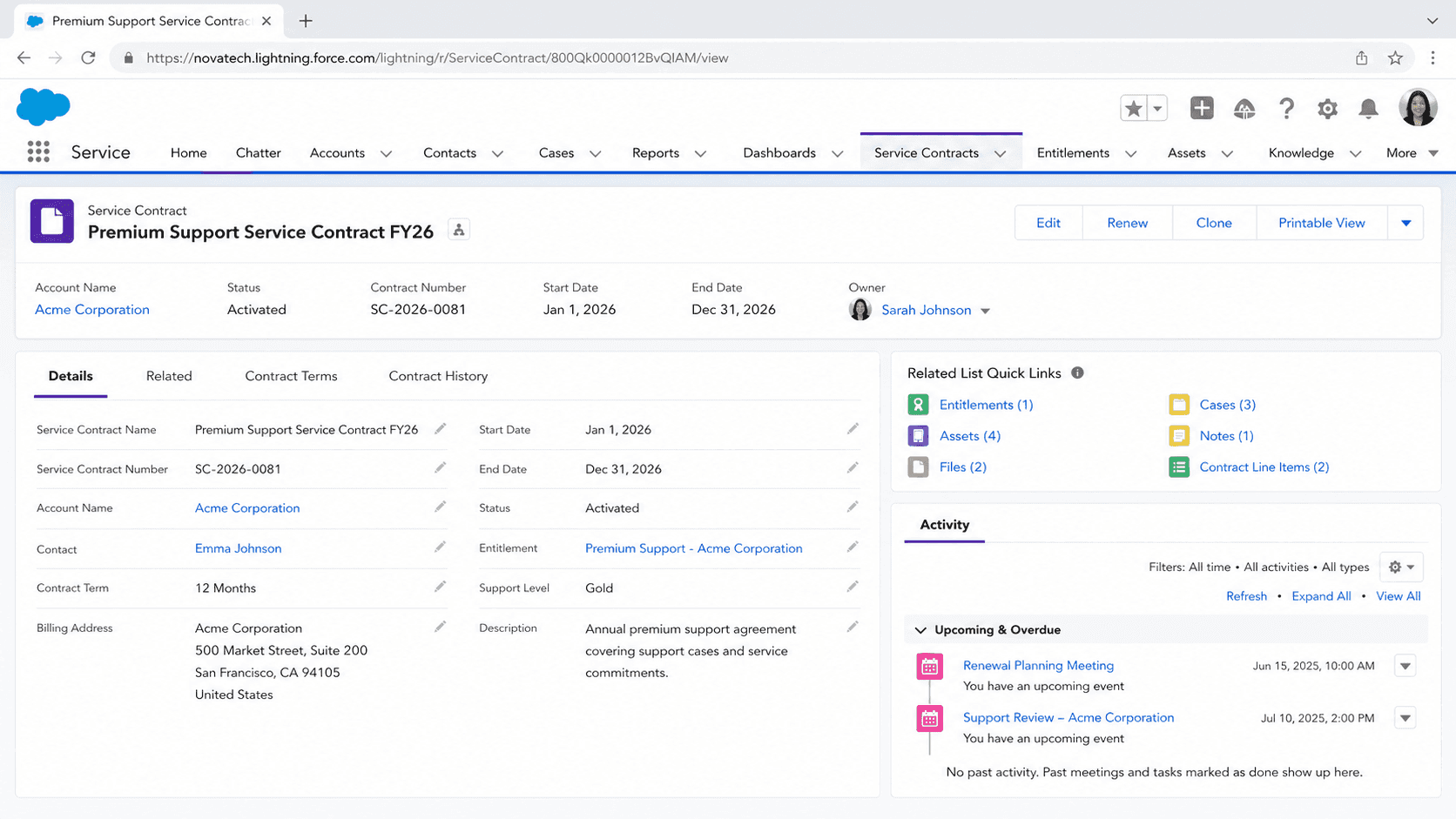 Service Contract record for Premium Support with contract number, account, status, term dates, and related entitlements.