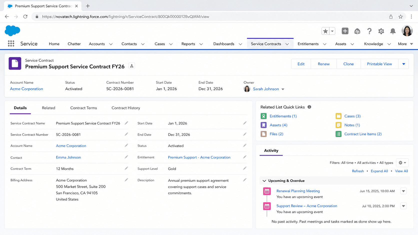 Service Contract record for Premium Support with contract number, account, status, term dates, and related entitlements.