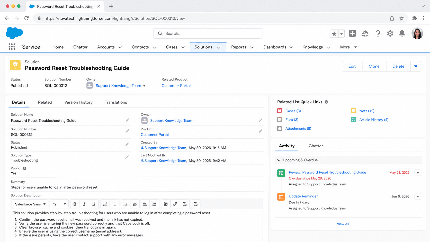 Solution record for a Password Reset Troubleshooting Guide with status, related product, body text, and case links.