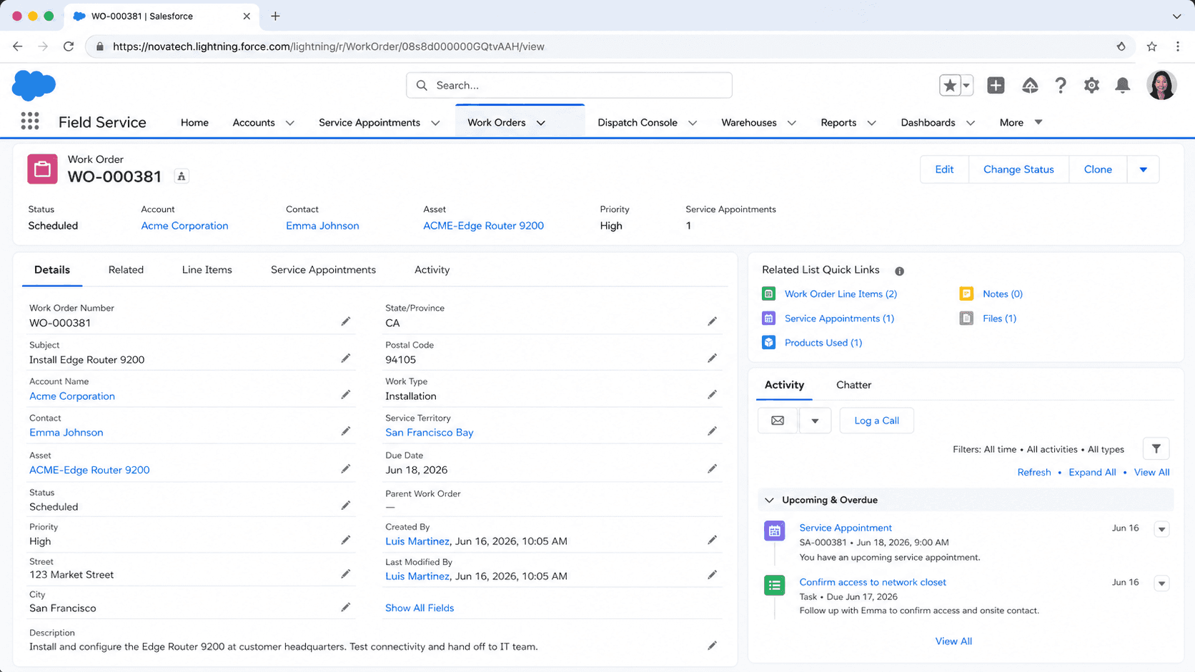Work Order record for an installation job with account, status, priority, line items, service appointments, and address.