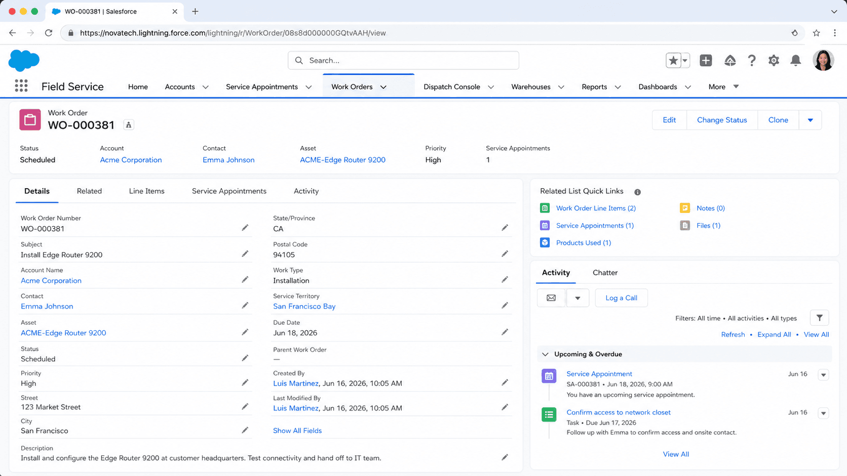 Work Order record for an installation job with account, status, priority, line items, service appointments, and address.