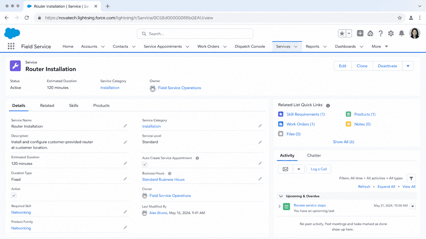 Work Type record for a Router Installation template with status, estimated duration, and panels for skills and products.