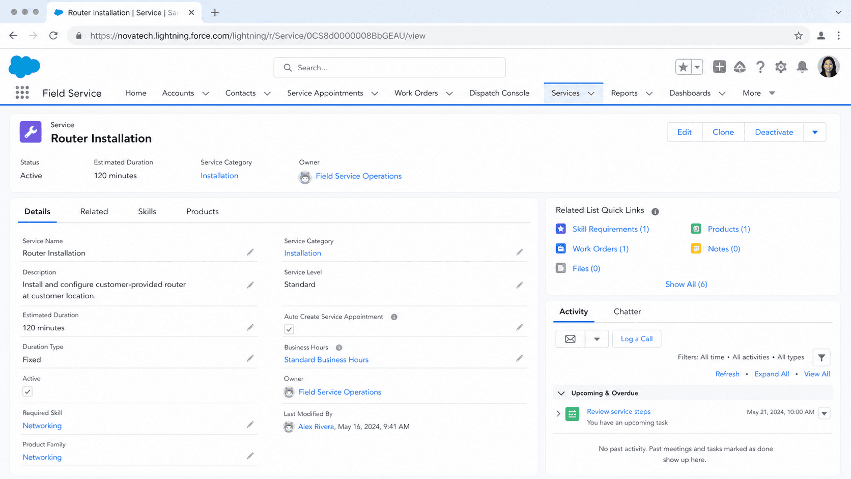 Work Type record for a Router Installation template with status, estimated duration, and panels for skills and products.